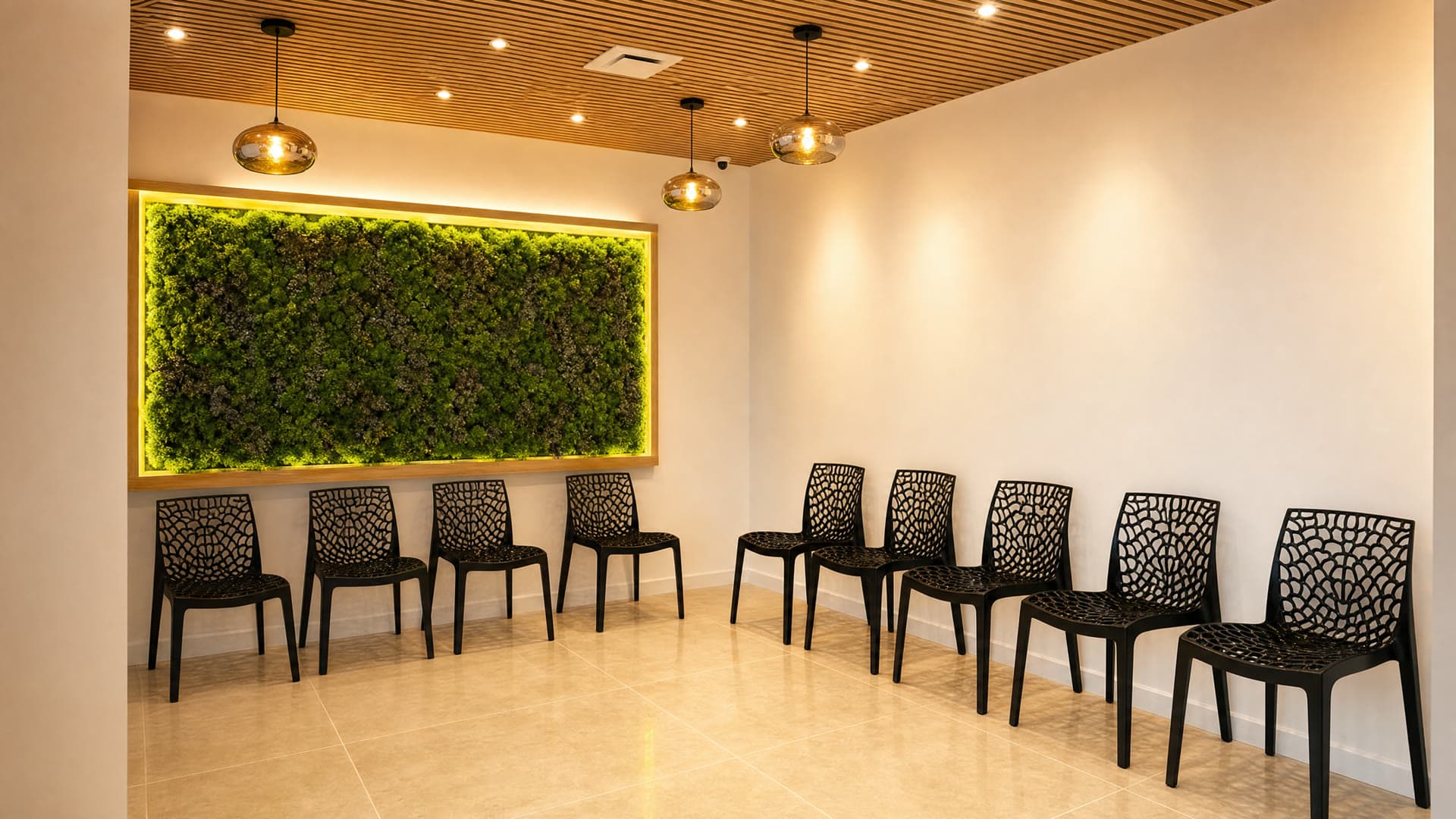 Salle d'attente du centre d'ophtalmologie et d'ORL Le Bon Coup d'Œil, Paris 13 : mur végétal et sièges